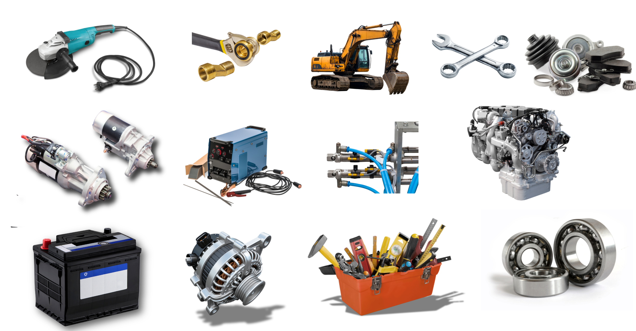 Featured mining and industrial parts we supply: power tools, fittings, excavators, bearings, starters, welders, engines, batteries and alternators